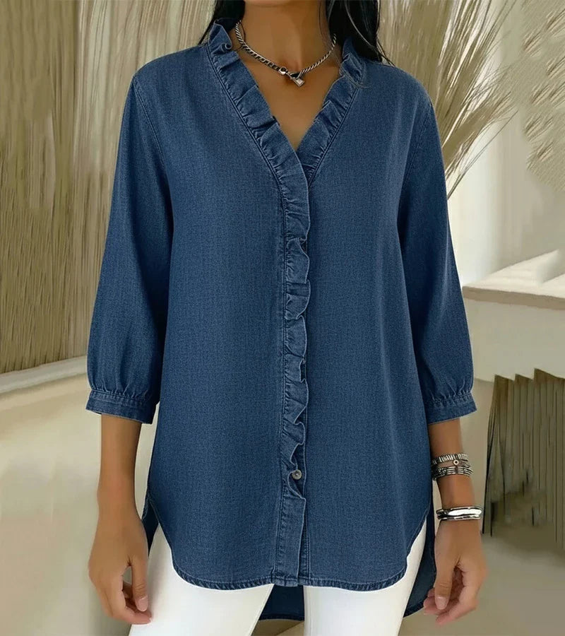Adele | Fluid denim blouse with V-neck and ruffles