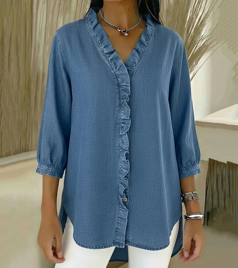 Adele | Fluid denim blouse with V-neck and ruffles