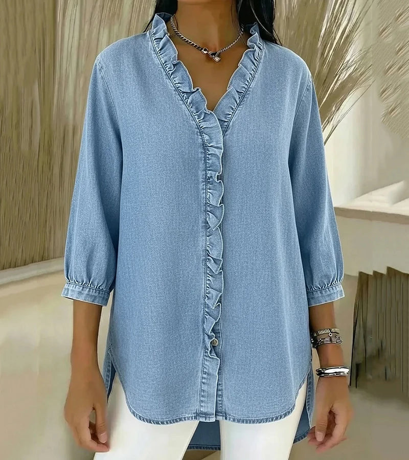 Adele | Fluid denim blouse with V-neck and ruffles