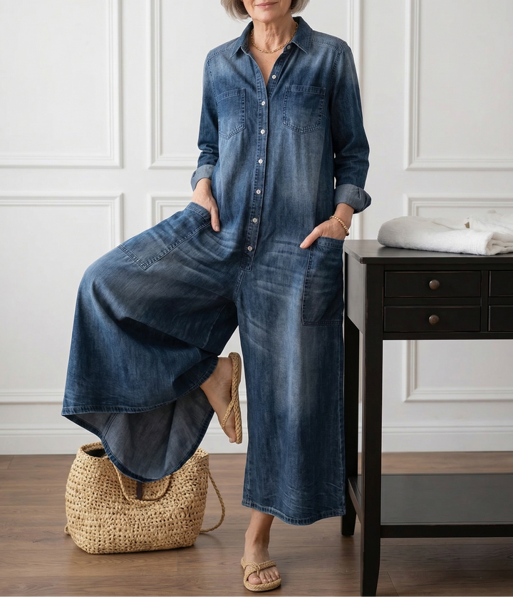 Diana | Vintage Washed Soft Cotton Denim Jumpsuit with Button Fastening