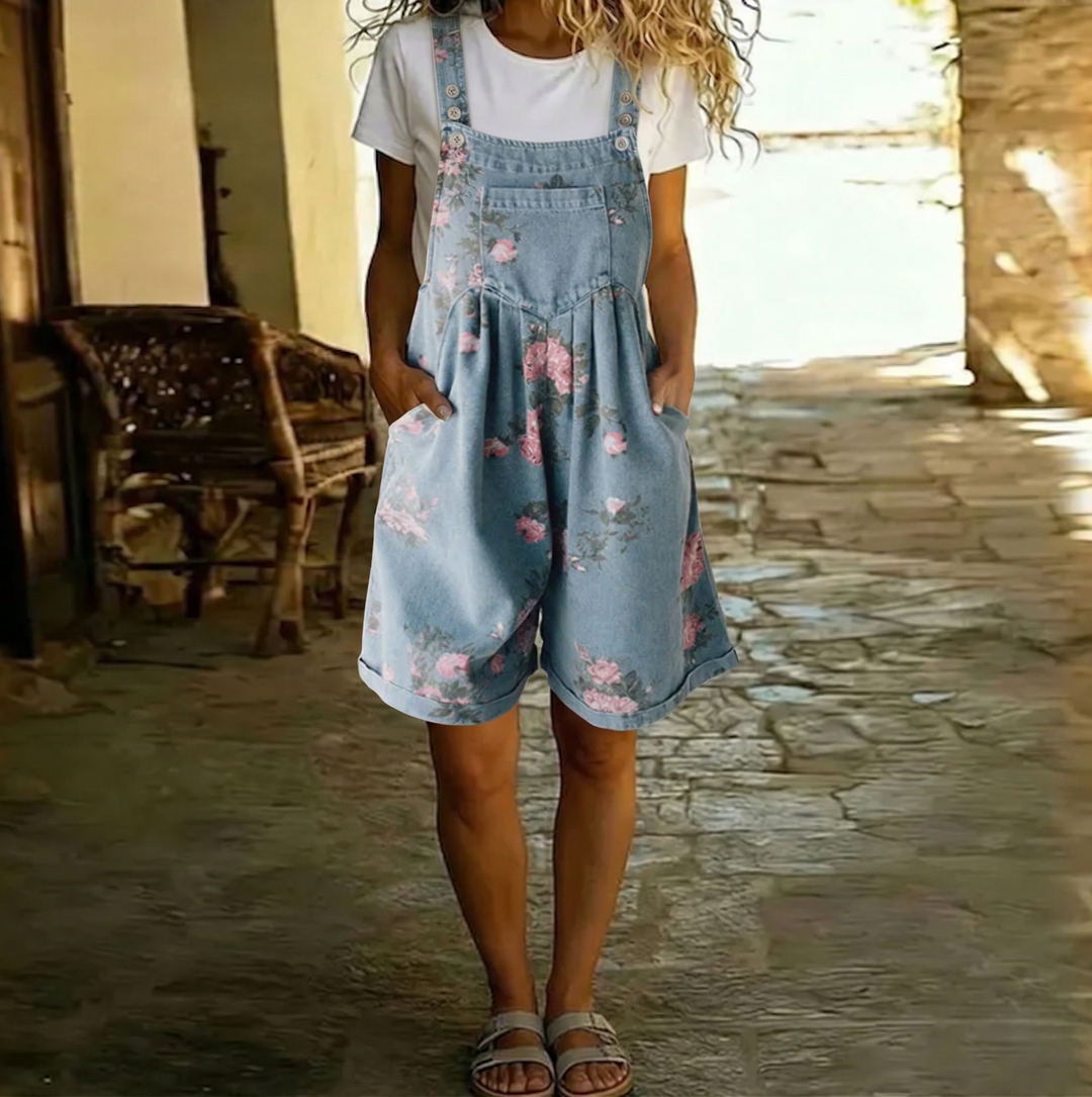 Judy | Vintage Sprany Denim Jumpsuit in Soft Cotton with Floral Print
