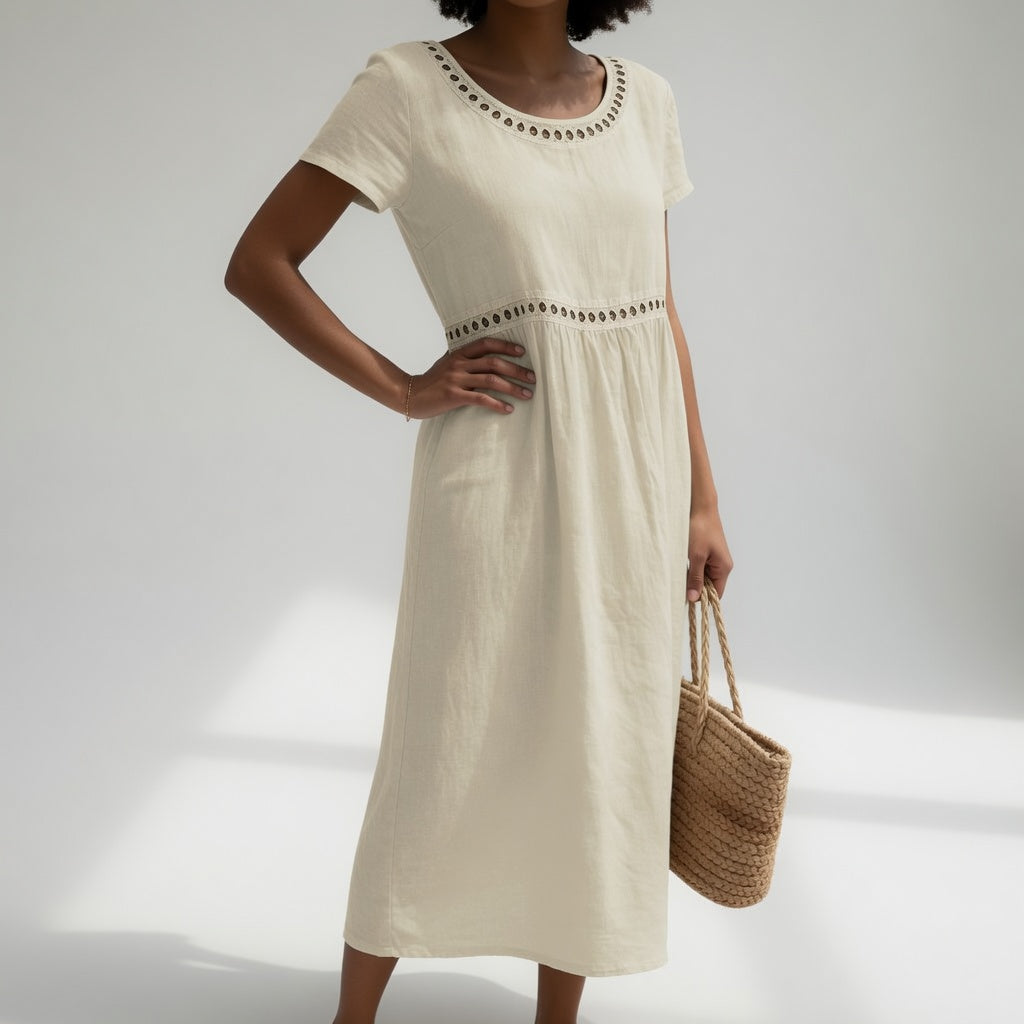 Pernelle™ | Mid-length Dress 100% Cotton Embroidered with Soft Femininity
