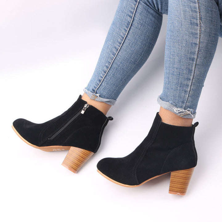 Women's Suede Ankle Boots - Chunky Heel & Side Zip