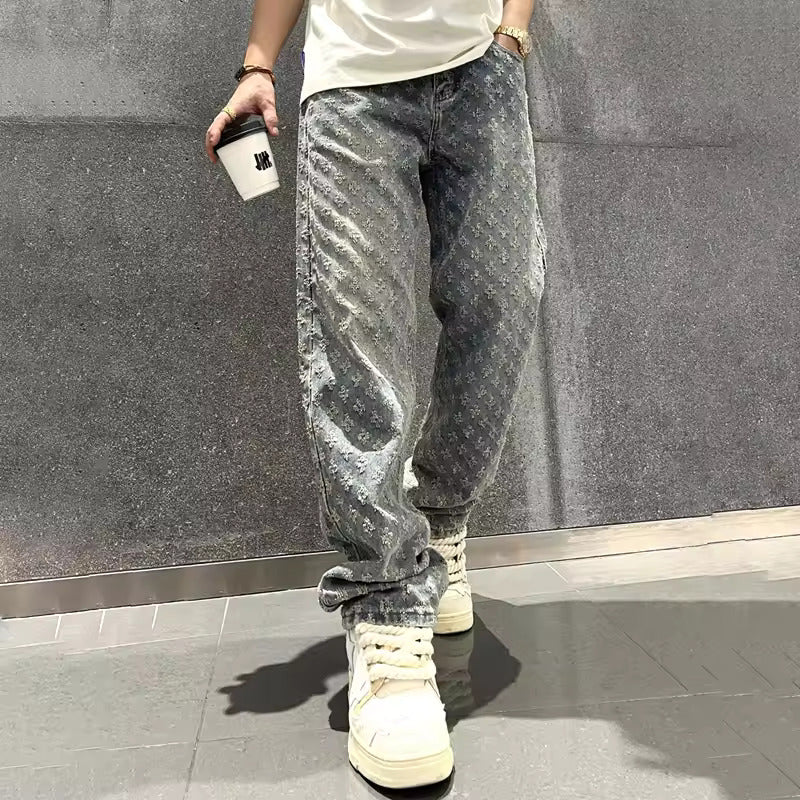Zeydan - Jacquard Wide Leg Denim Pants
