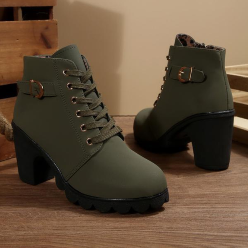 KATNI™ | Chic Lace-Up Metal Buckle Chunky Ankle Boots