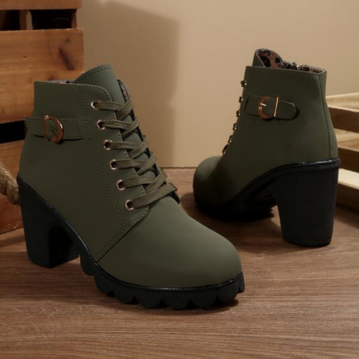KATNI™ | Chic Lace-Up Metal Buckle Chunky Ankle Boots