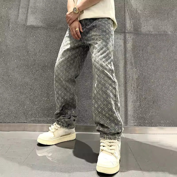 Zeydan - Jacquard Wide Leg Denim Pants