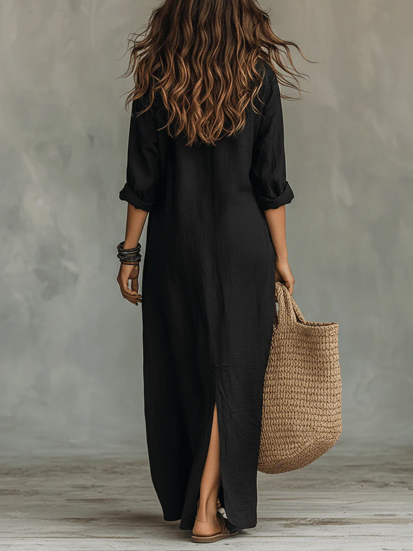 Soline | Long Black Button-Up Dress