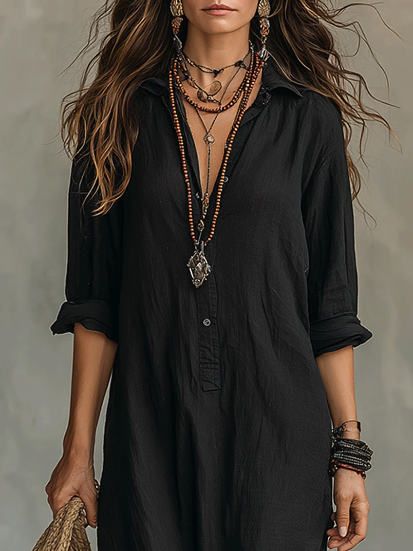 Soline | Long Black Button-Up Dress