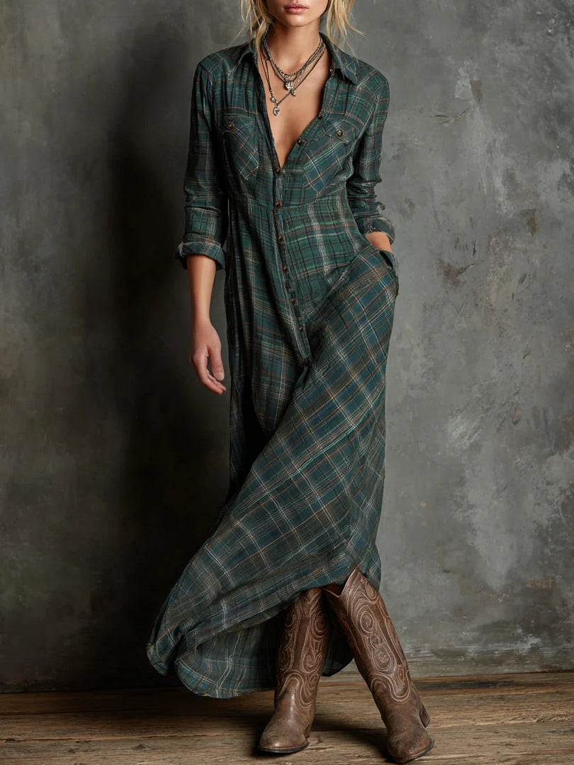 Long dress with green checked collar