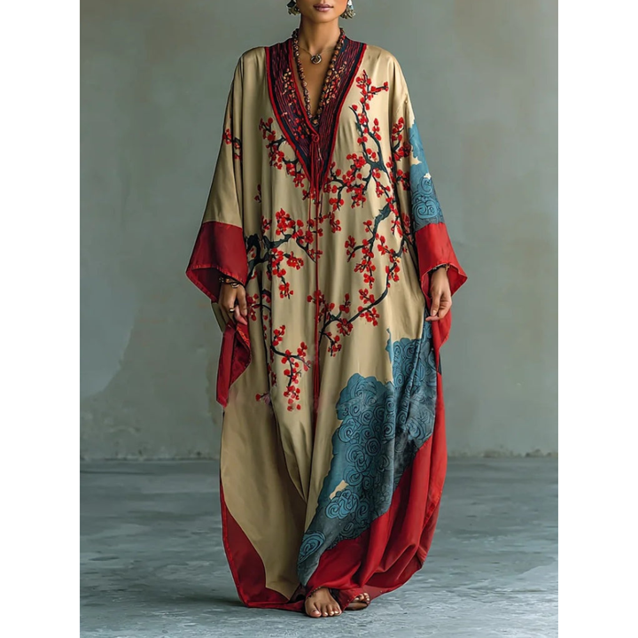 Japanese Red Plum Blossom Maxi Dress with Batwing Sleeves and Print