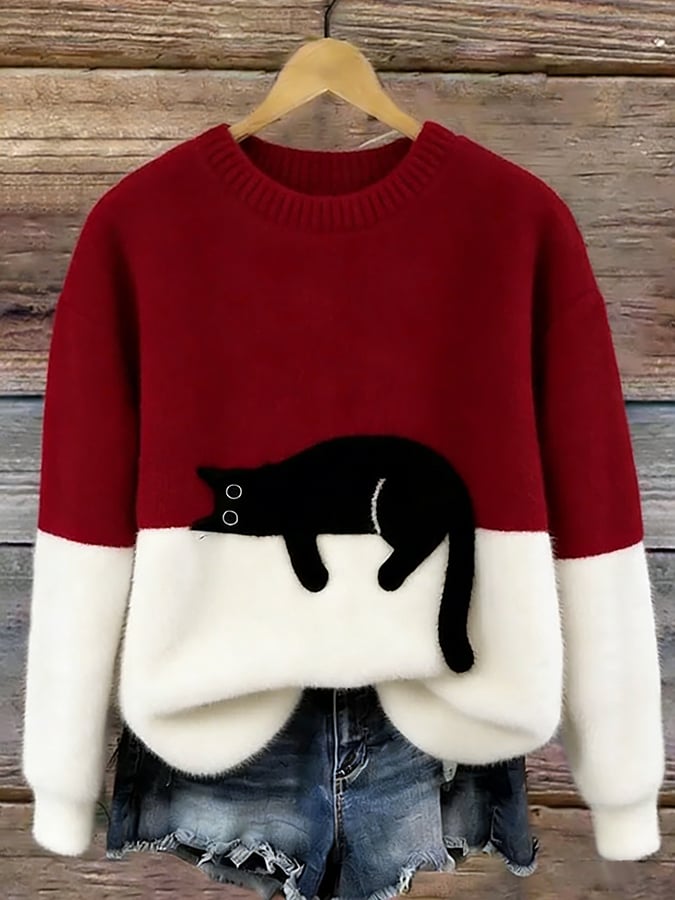 Casual Jumper with Cat Pattern for Women