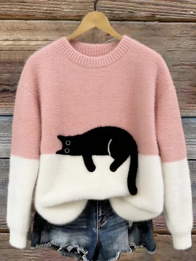 Casual Jumper with Cat Pattern for Women