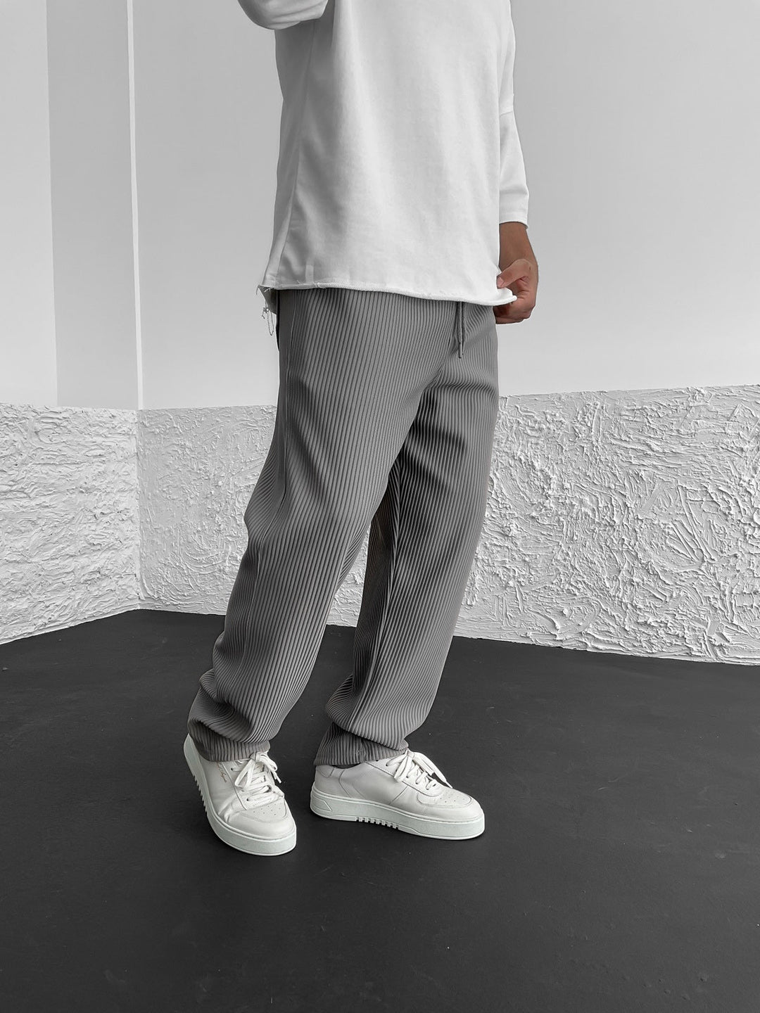 Ribbed Pants - Men's Loose Fit Drawstirng Stretch Baggy Pants