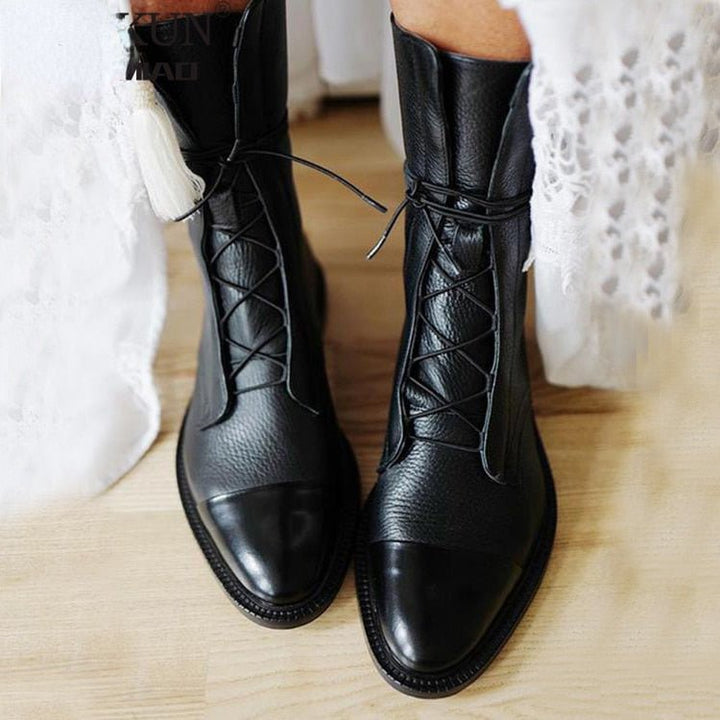 Women's Black Ankle Biker Boots - Lace-Up Front Combat Style Design