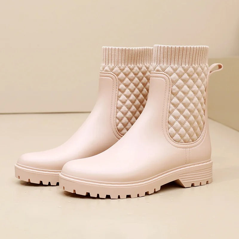 Women's Ankle Rain Boots - Quilted Knit Slip-On Design