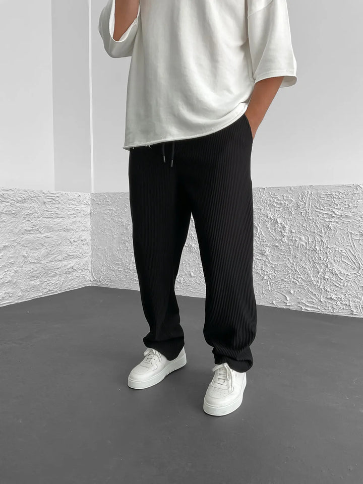 Ribbed Pants - Men's Loose Fit Drawstirng Stretch Baggy Pants