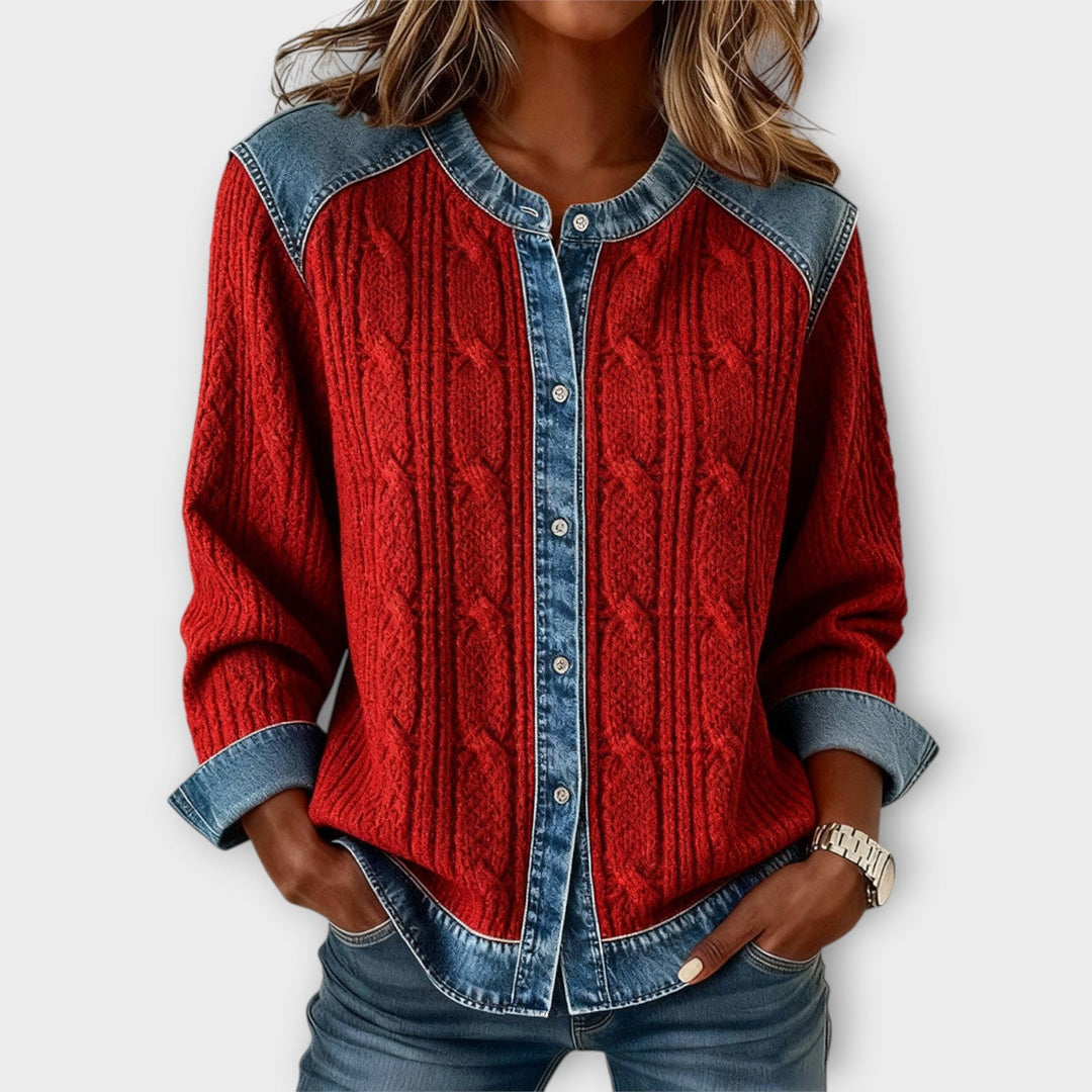 Denim-Trim Cable Knit Button-Up