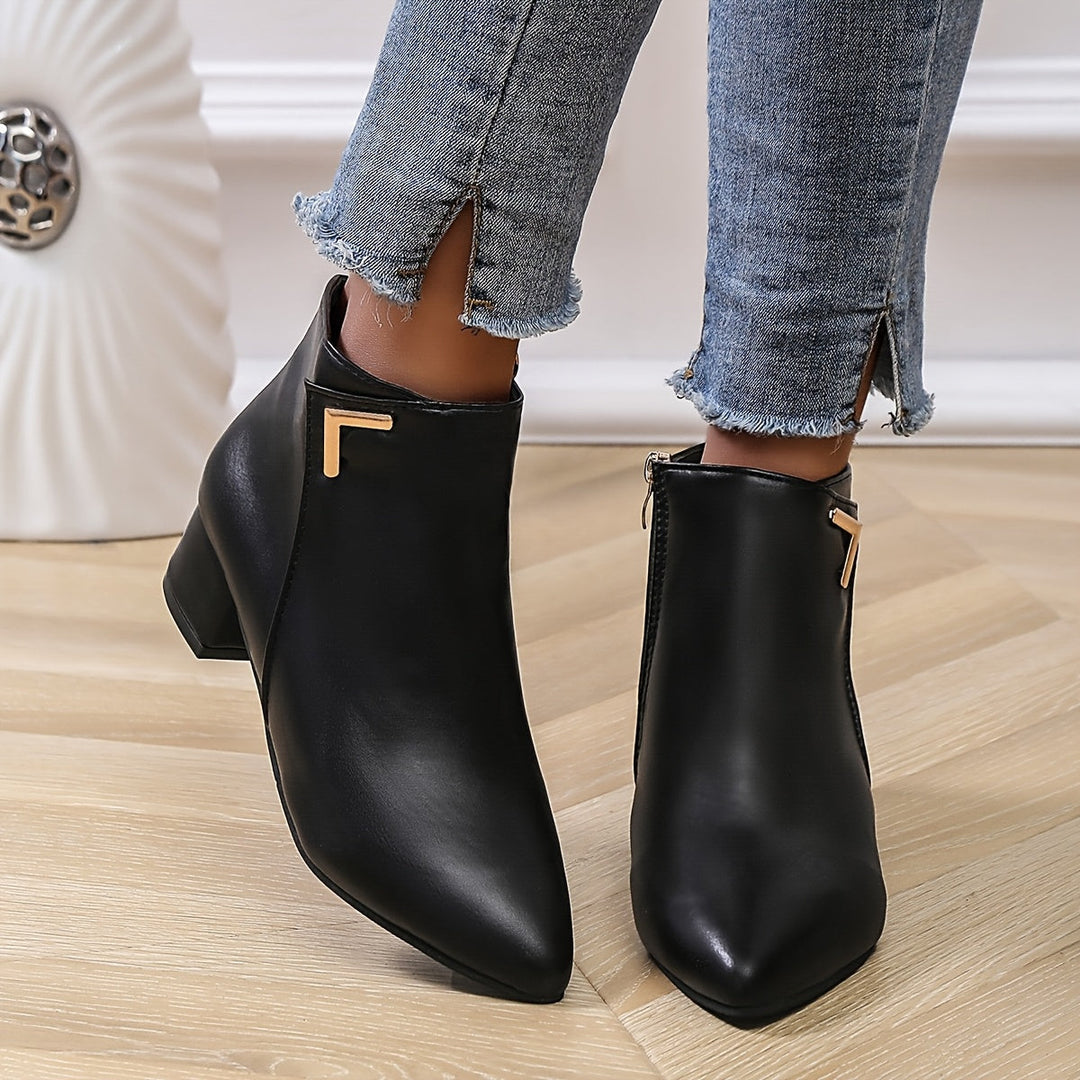 Women's Black Ankle Boots - Chunky Heel and Pointed Toe