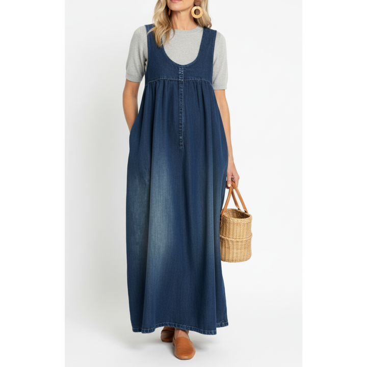 Karen | Vintage Washed Soft Cotton Feel Denim Maxi Dress