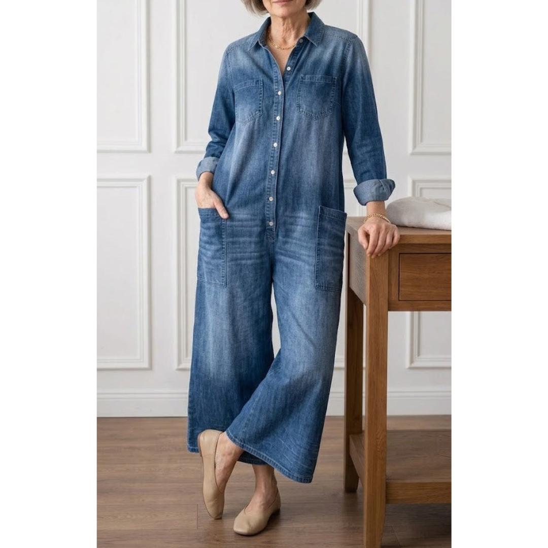 Diana | Vintage Washed Soft Cotton Denim Jumpsuit with Button Fastening