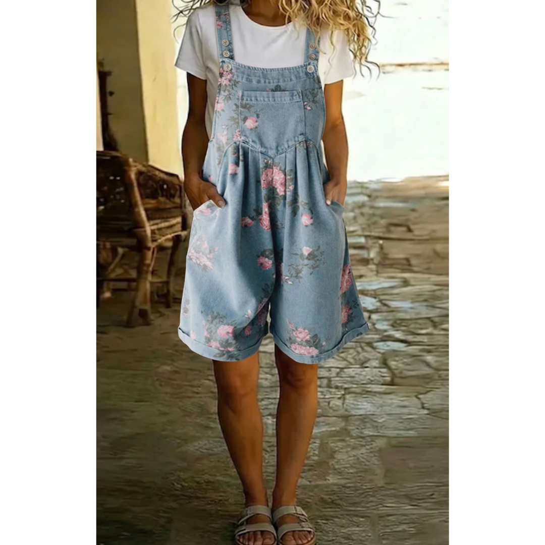 Judy | Vintage Sprany Denim Jumpsuit in Soft Cotton with Floral Print