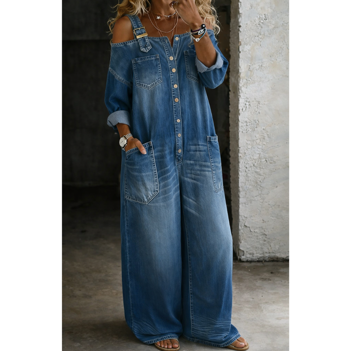Stephanie | Denim Shirt Jumpsuit with Exposed Shoulders