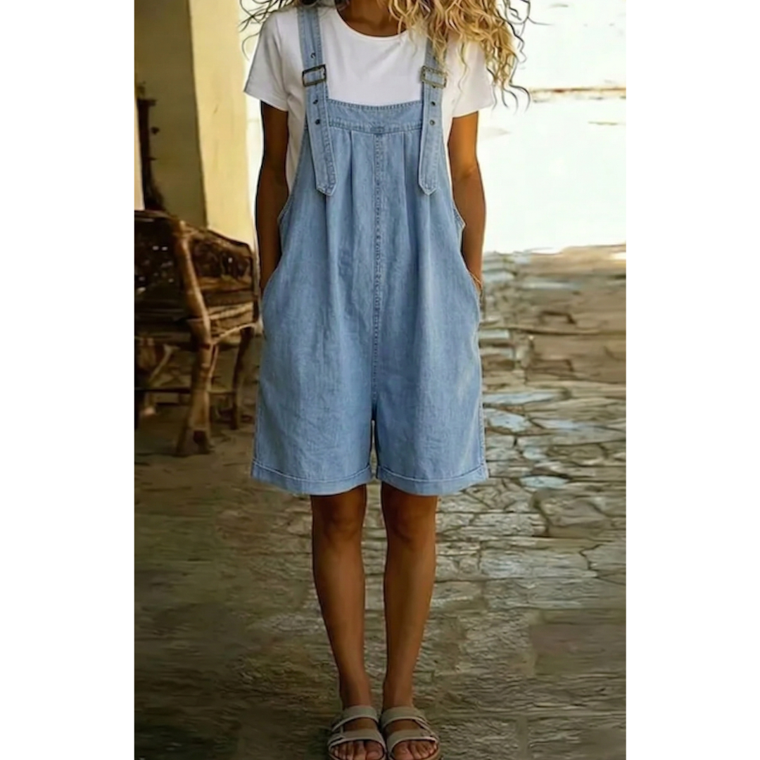 Clara | Vintage Washed Soft Cotton Feel Denim Short Overall Light Blue