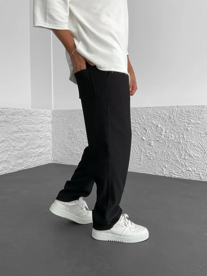 Ribbed Pants - Men's Loose Fit Drawstirng Stretch Baggy Pants