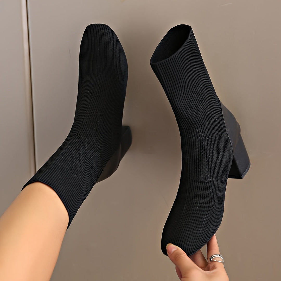 Women's Black Ankle Boots - Knitted with Chunky Heel