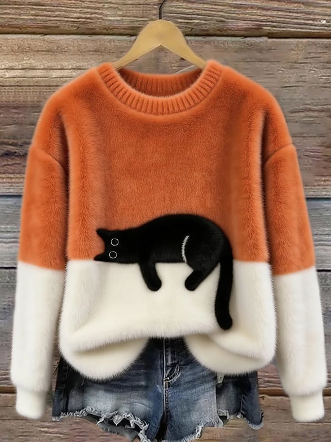 Casual Jumper with Cat Pattern for Women