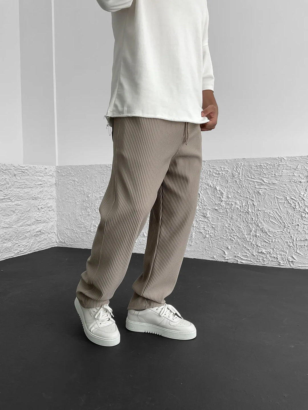 Ribbed Pants - Men's Loose Fit Drawstirng Stretch Baggy Pants