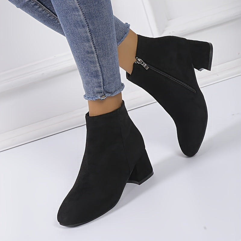 Women's Ankle Boots - Side Zipper and Block Heel