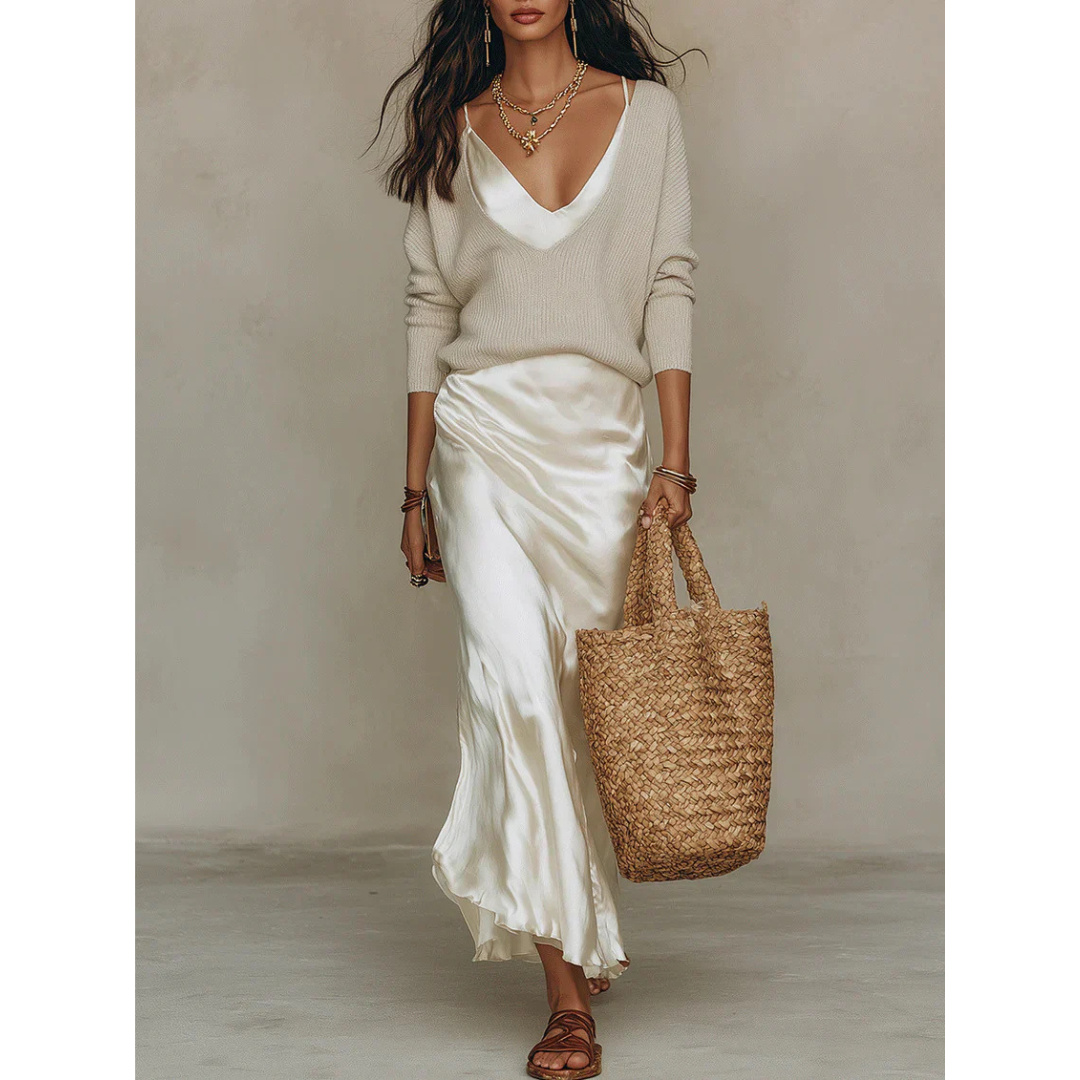 Liwia™ | Satin Midi Dress with Fitted Sweater