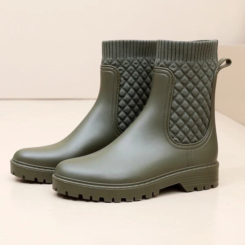 Women's Ankle Rain Boots - Quilted Knit Slip-On Design