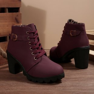 KATNI™ | Chic Lace-Up Metal Buckle Chunky Ankle Boots