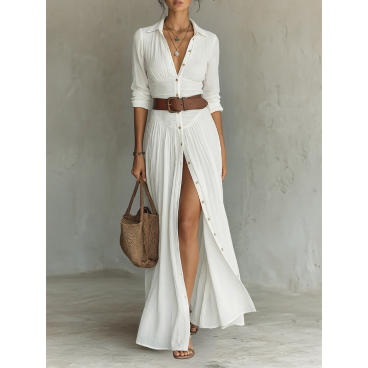 Pamela | Long Maxi Dress with Notched Collar and Long Sleeves for Women