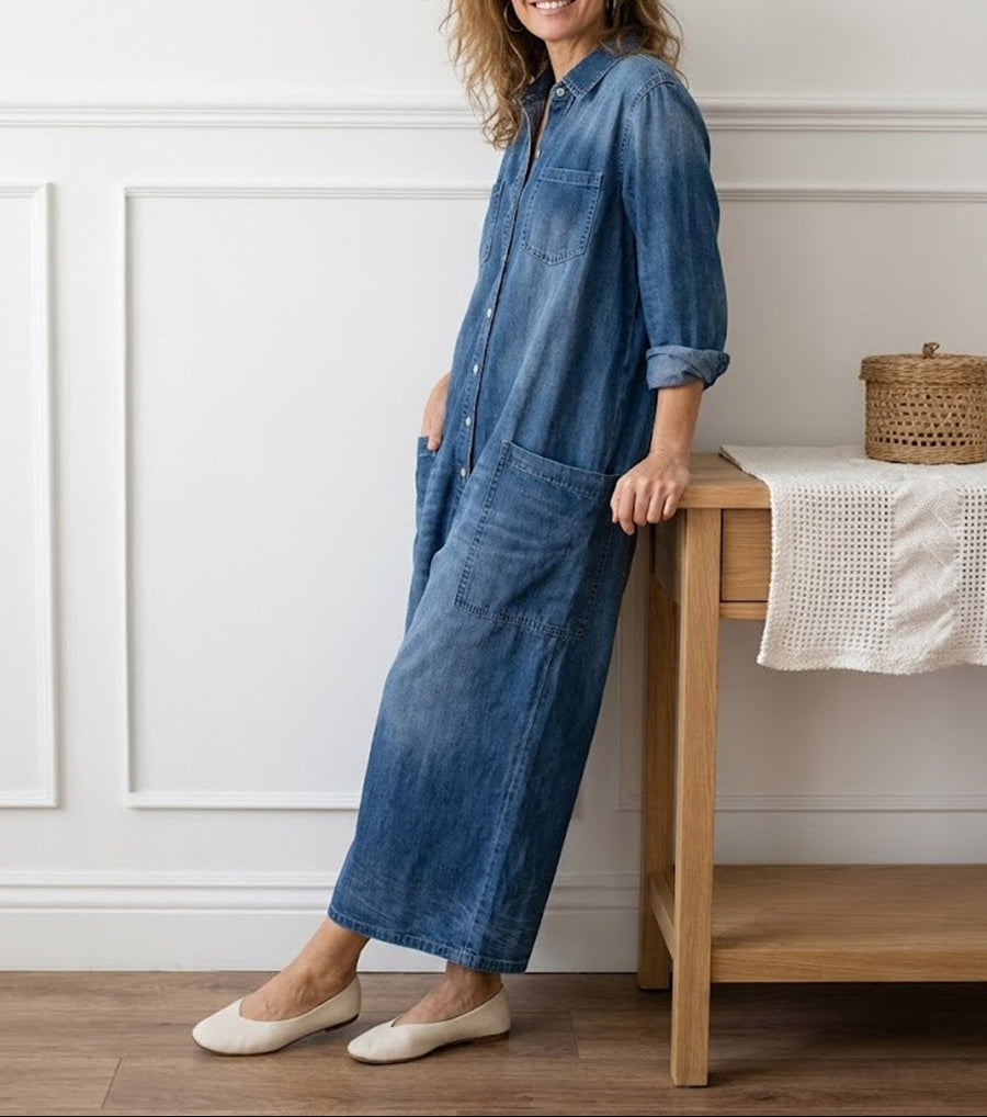 Diana | Vintage Washed Soft Cotton Denim Jumpsuit with Button Fastening