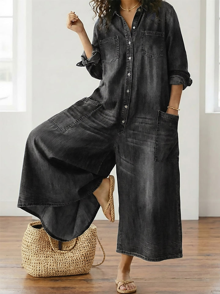Diana | Vintage Washed Soft Cotton Denim Jumpsuit with Button Fastening