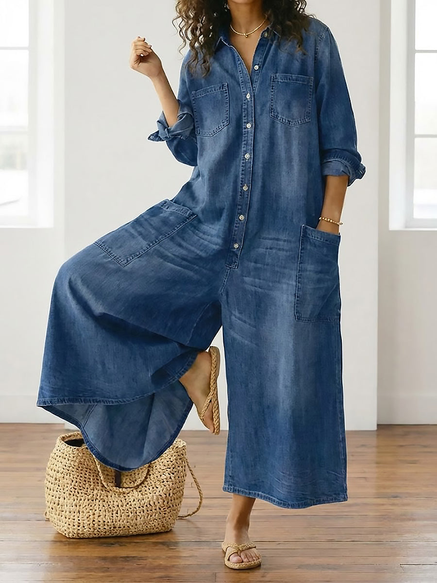Diana | Vintage Washed Soft Cotton Denim Jumpsuit with Button Fastening