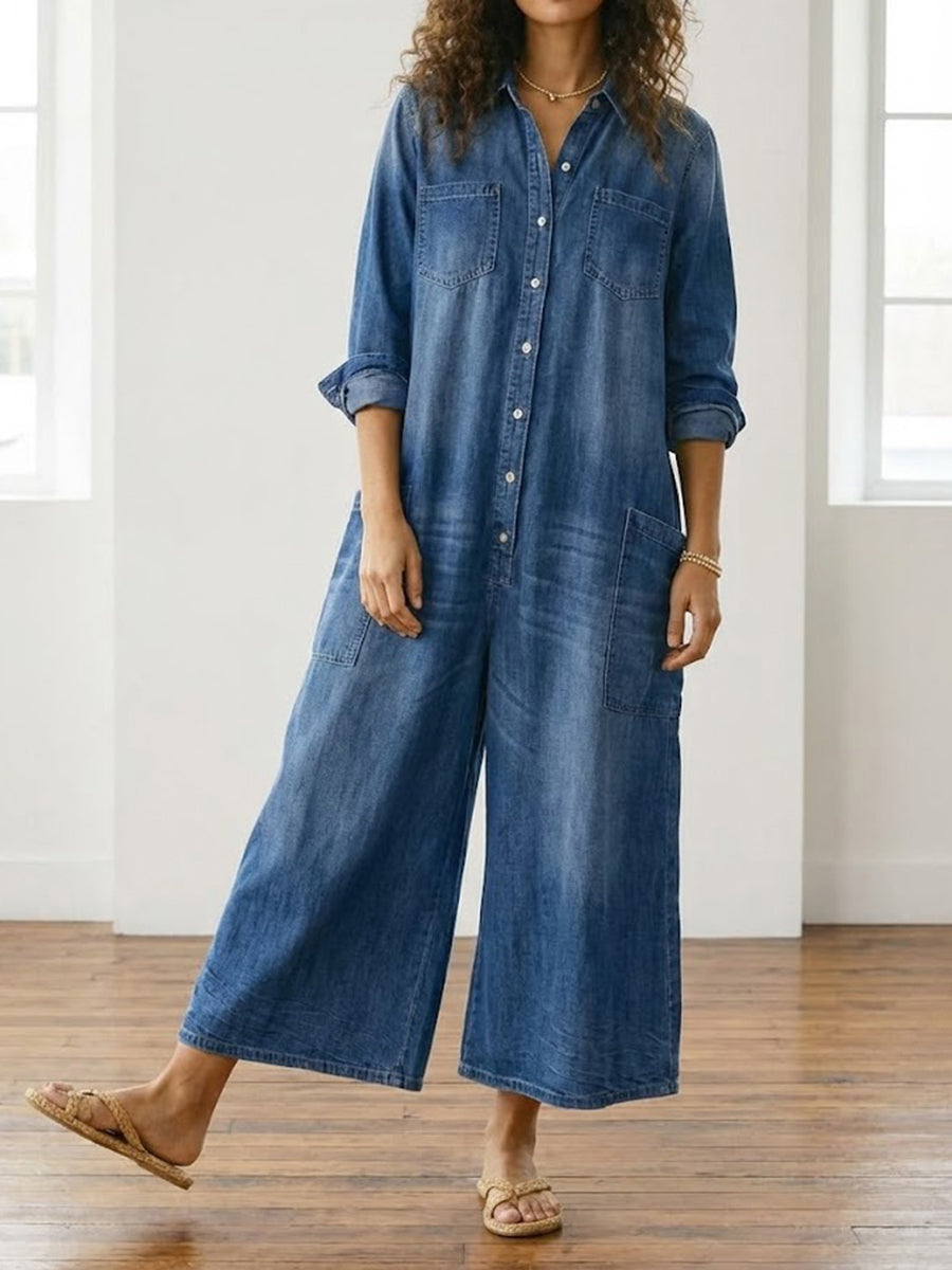 Diana | Vintage Washed Soft Cotton Denim Jumpsuit with Button Fastening