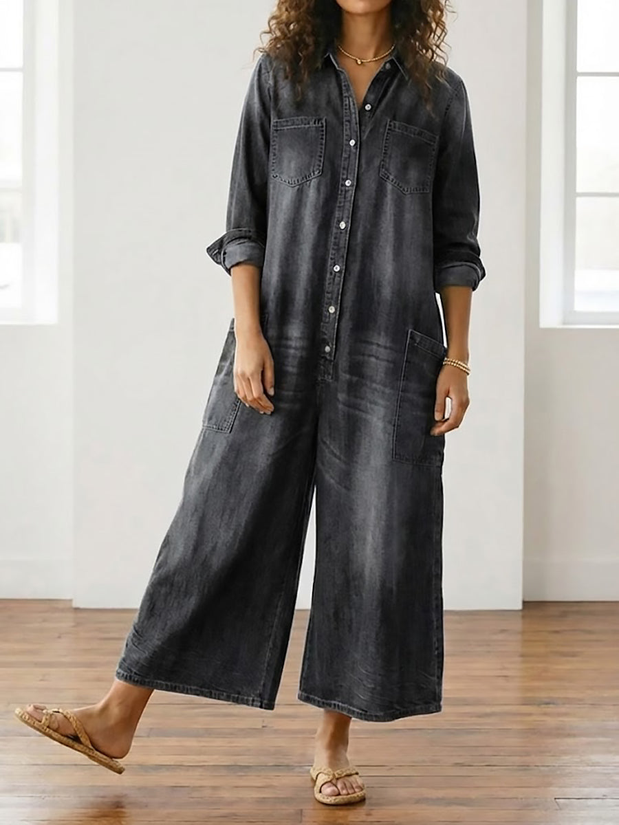 Diana | Vintage Washed Soft Cotton Denim Jumpsuit with Button Fastening