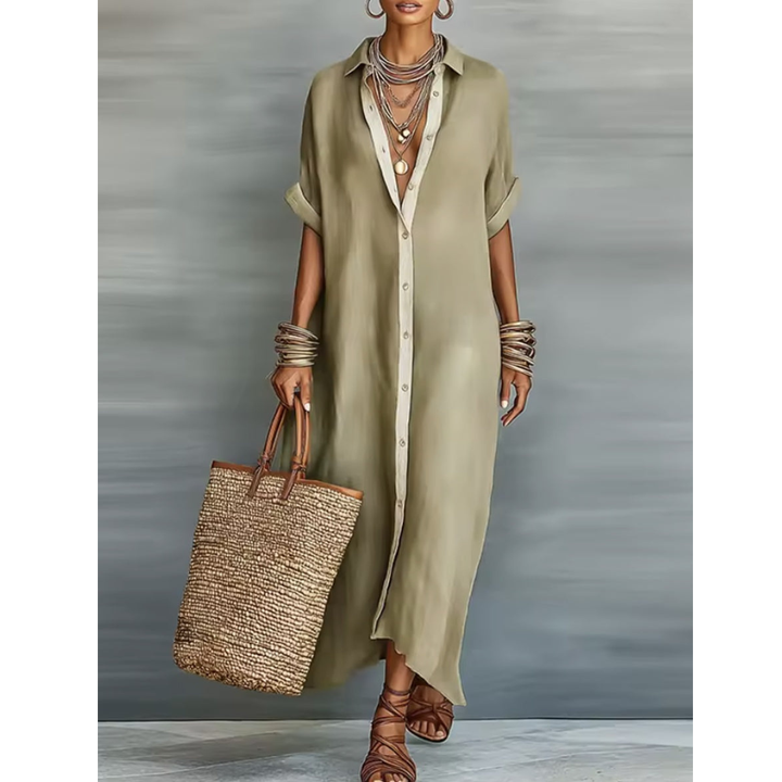Manelle | Long Olive Green Dress with Minimalist Lines