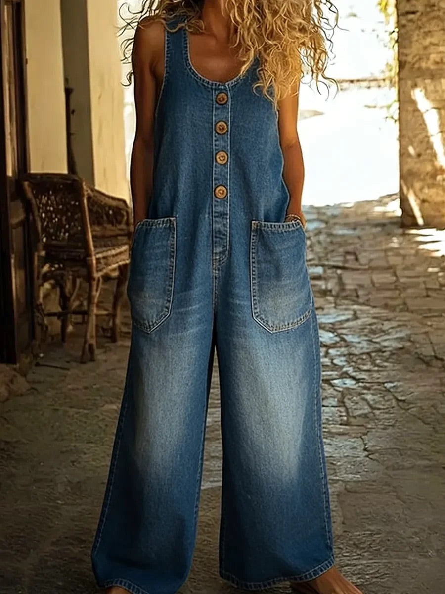 Ruth | Vintage-style washed denim jumpsuit