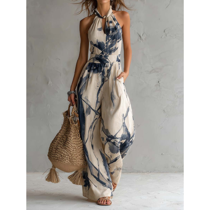 Halter Neck Ink Wash Print Wide Leg Jumpsuit With Pockets