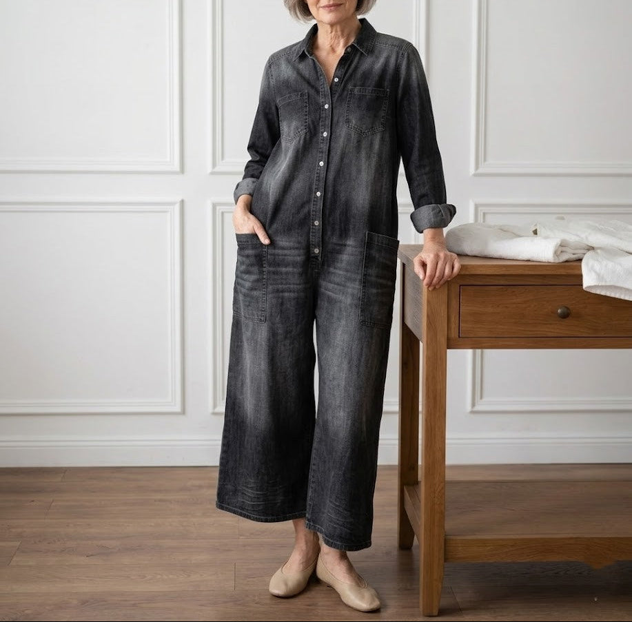 Diana | Vintage Washed Soft Cotton Denim Jumpsuit with Button Fastening
