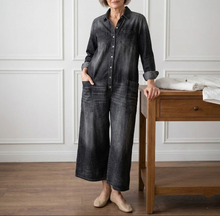 Diana | Vintage Washed Soft Cotton Denim Jumpsuit with Button Fastening