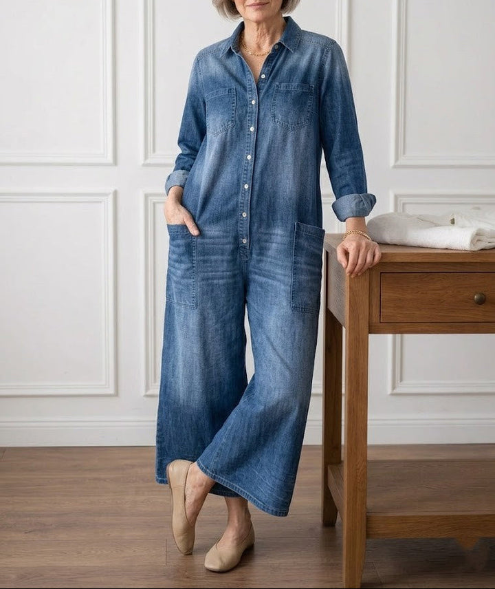 Diana | Vintage Washed Soft Cotton Denim Jumpsuit with Button Fastening