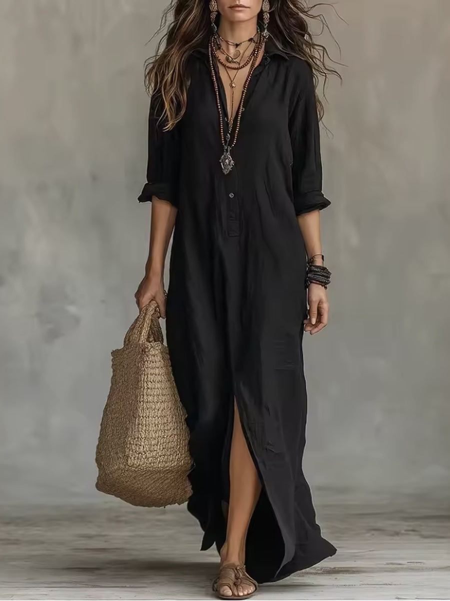 Soline | Long Black Button-Up Dress